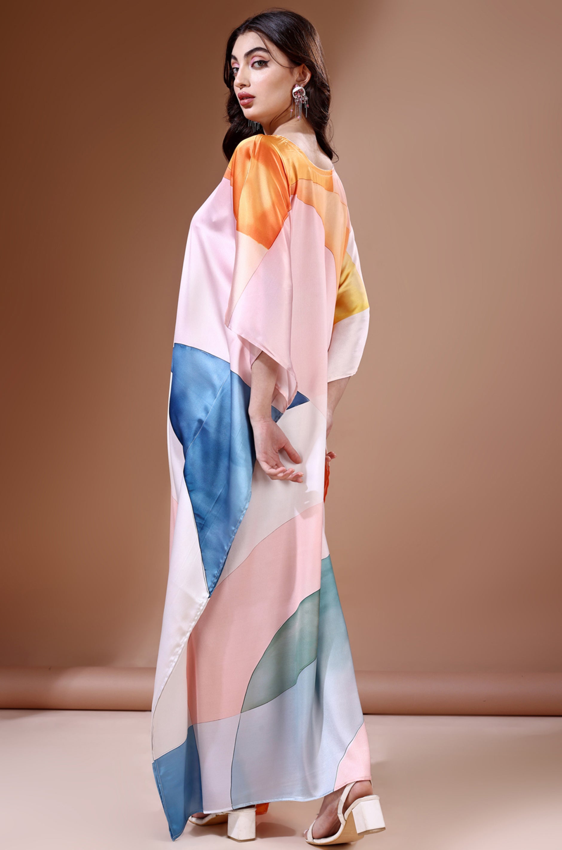 Pastel Dreamscape Soft Satin Kaftan with Digital Print