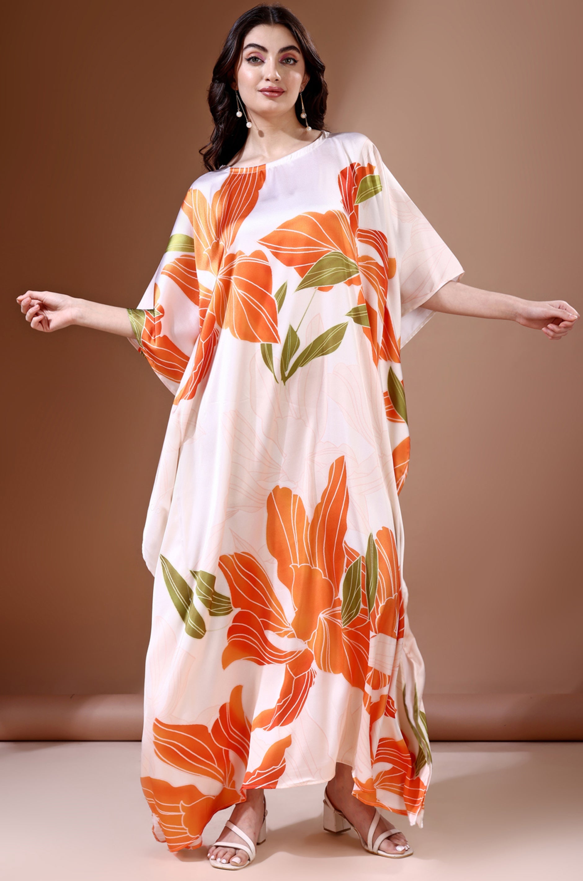 Tangerine Blossom Soft Satin Kaftan with Digital Print