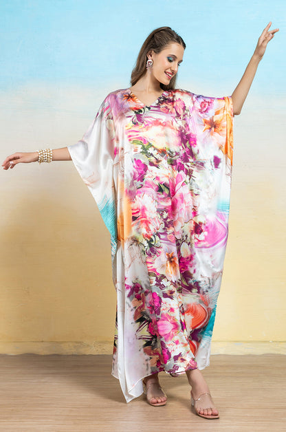 Rosette Bloom Soft Satin Women Dress Kaftan