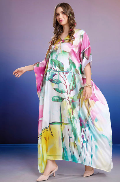 Leafy Dawn Soft Satin Kaftan with Digital Print