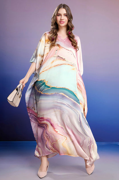 Seashell Serenity Soft Satin Kaftan with Digital Print