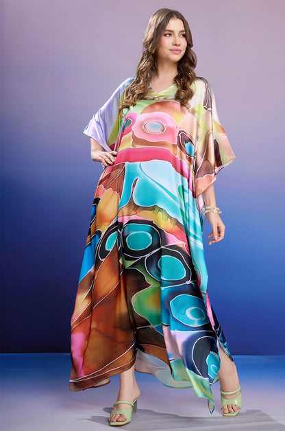 Prismatic Bliss Soft Satin Kaftan with Digital Print