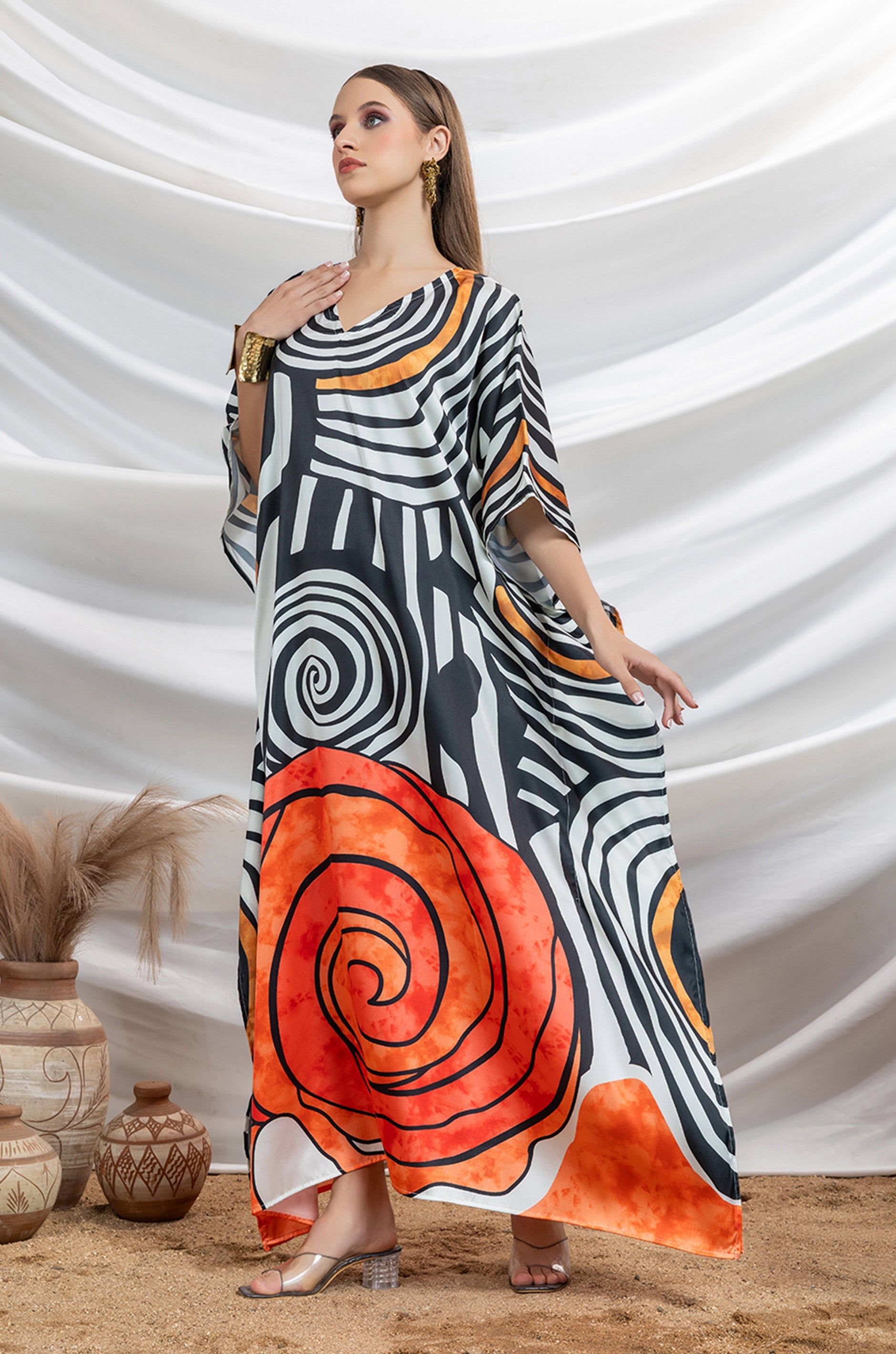 Monochrome Twist Soft Satin Women Dress Kaftan