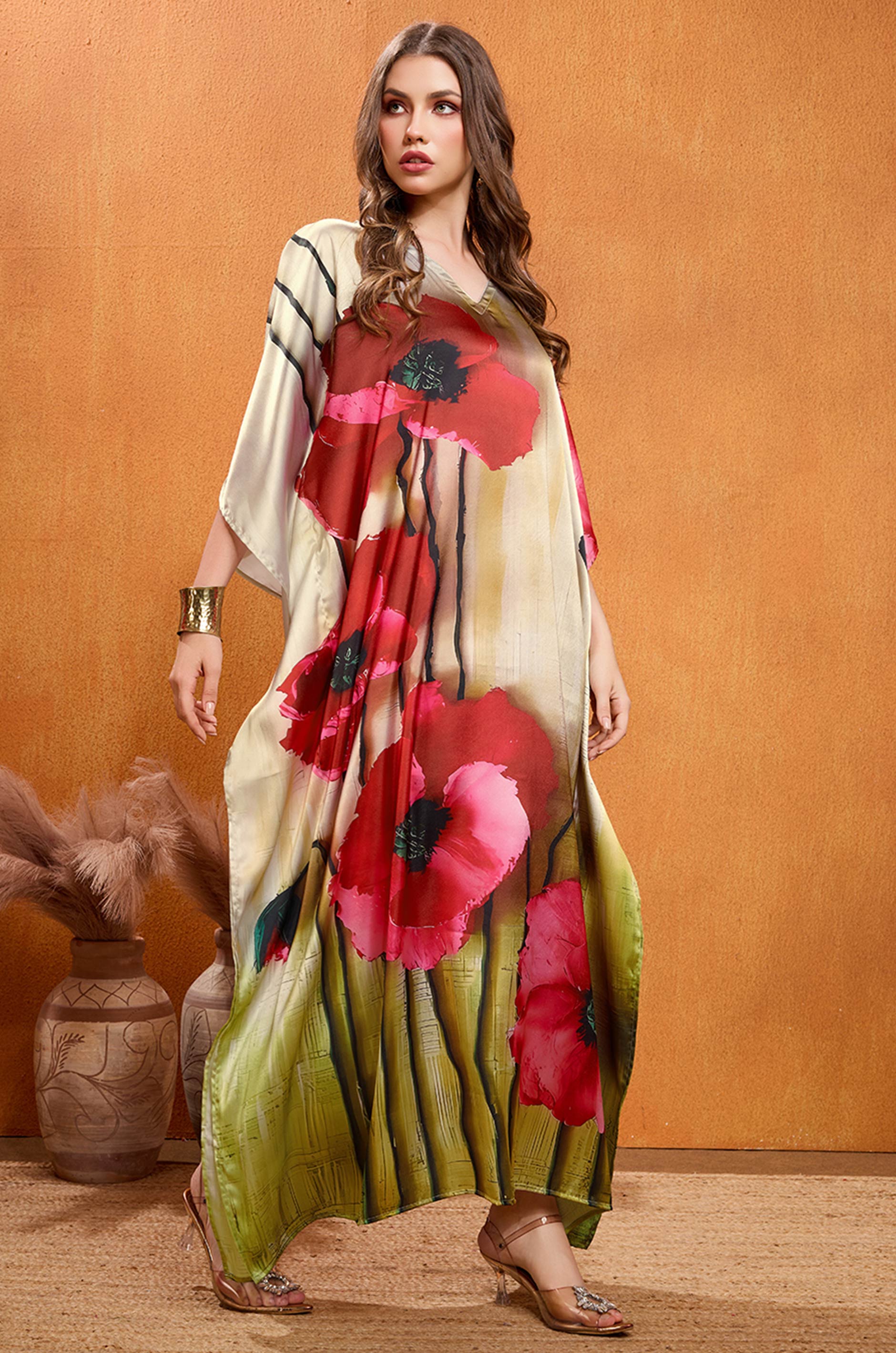 Rosewood Flame Soft Satin Kaftan with Digital Print