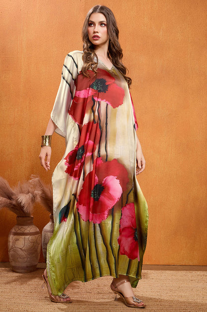 Rosewood Flame Soft Satin Kaftan with Digital Print