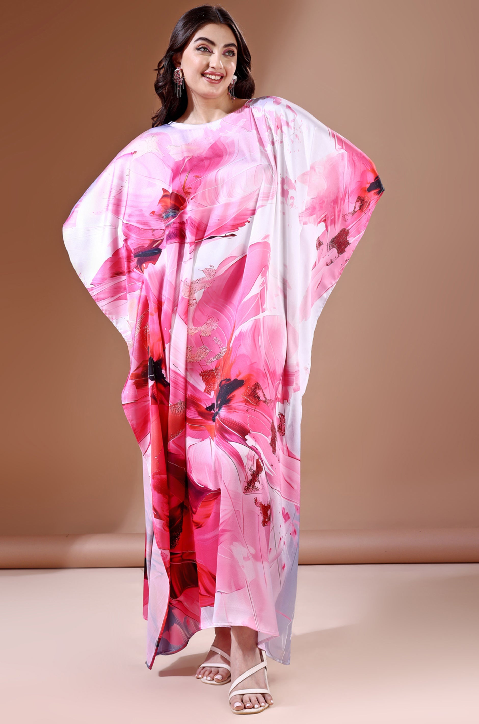 Pink Haven Soft Satin Kaftan with Digital Print