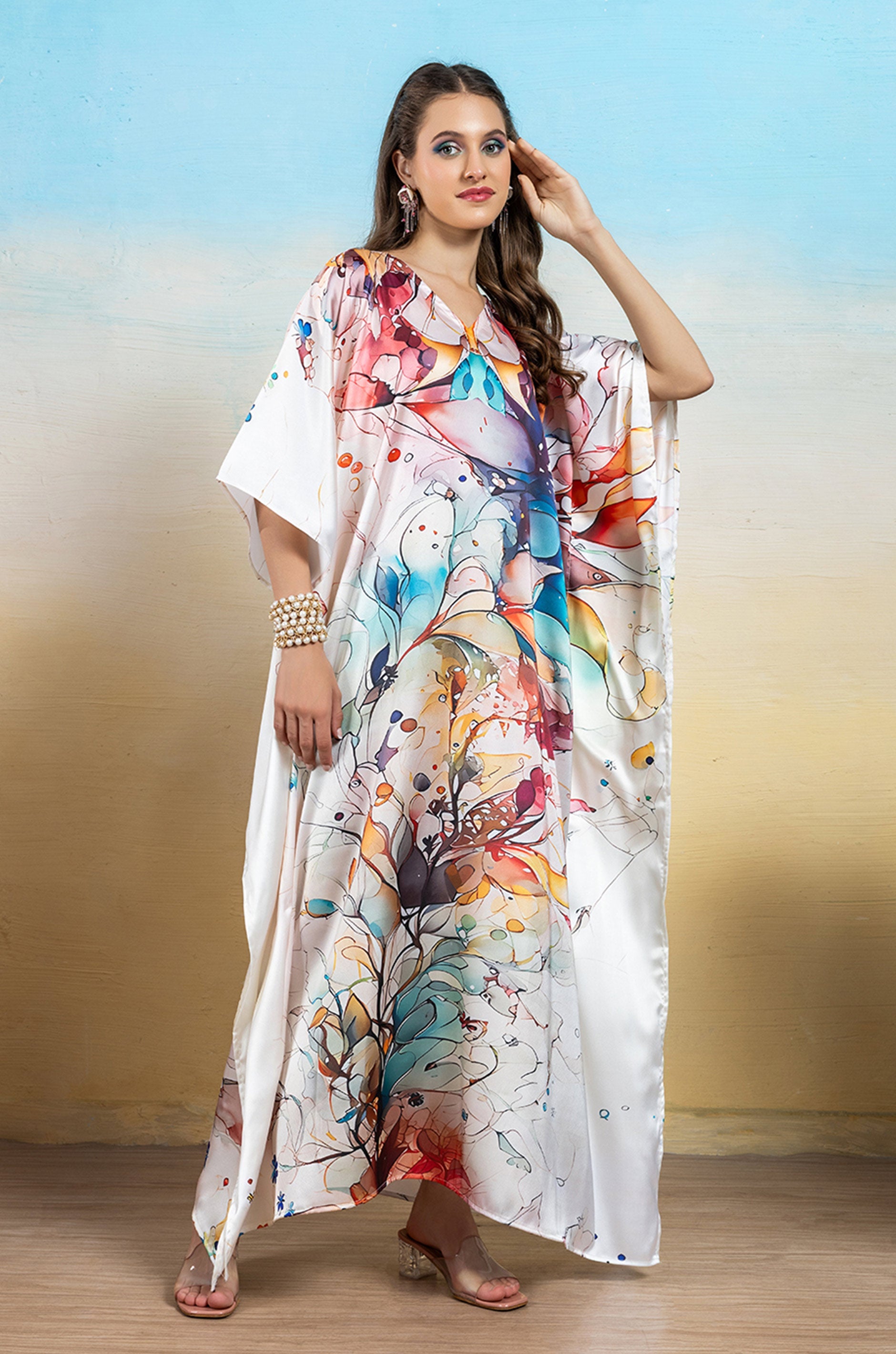 Enchanted Meadow Soft Satin Women Dress Kaftan