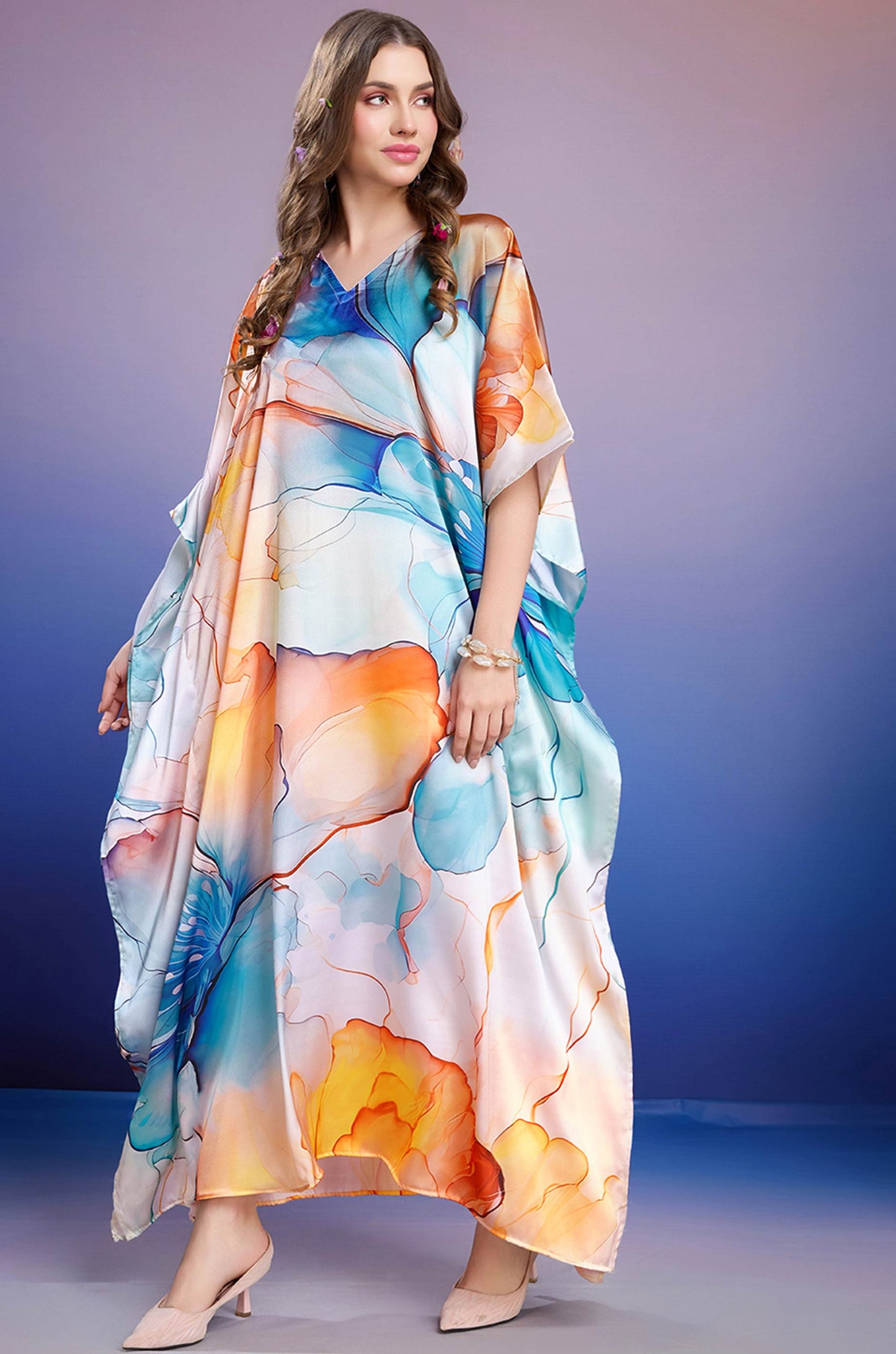 Mystic Mirage Soft Satin Kaftan with Digital Print