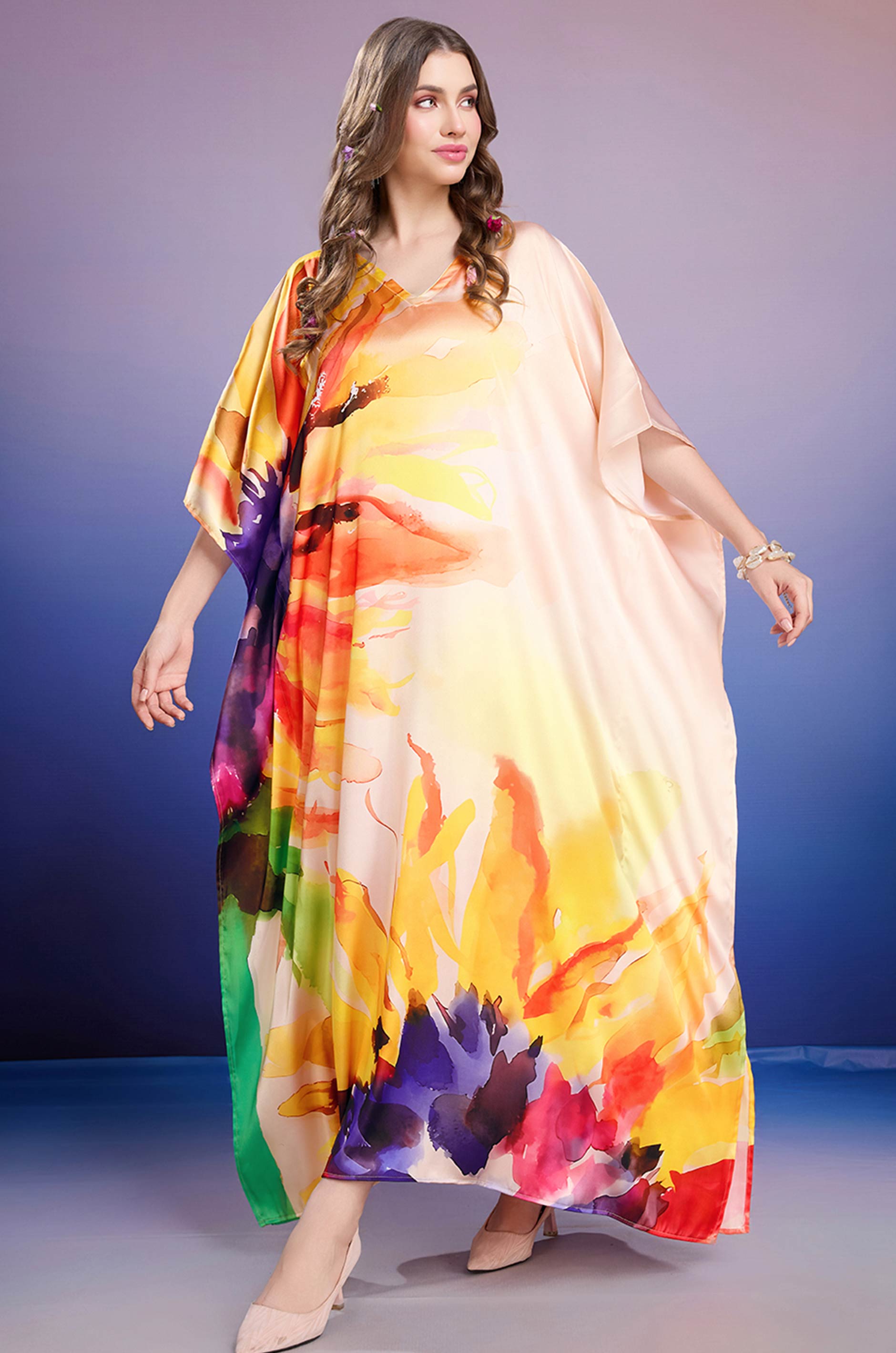 Color Burst Soft Satin Kaftan with Digital Print