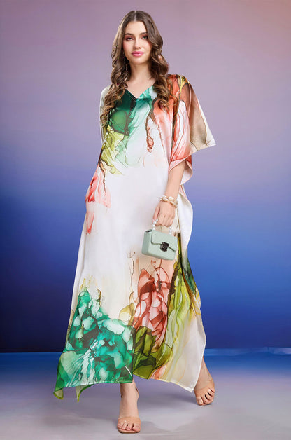 Luminous Garden Soft Satin Kaftan with Digital Print