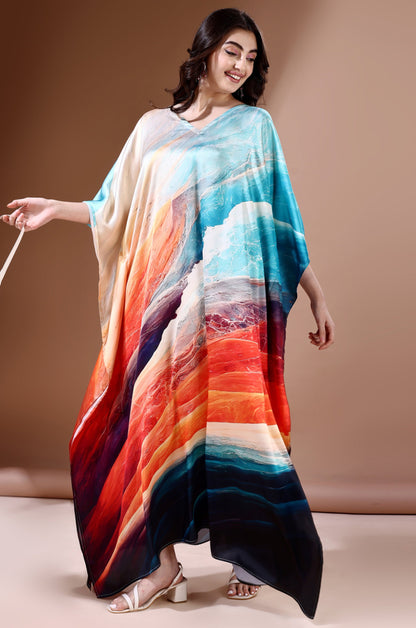 Midnight Ocean Soft Satin Kaftan with Digital Print