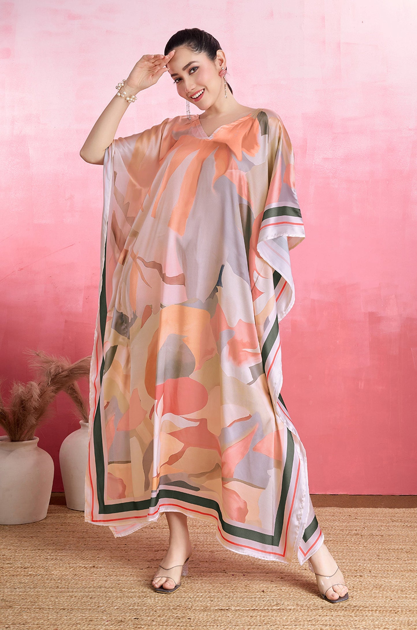 Blush Petals Soft Satin Kaftan