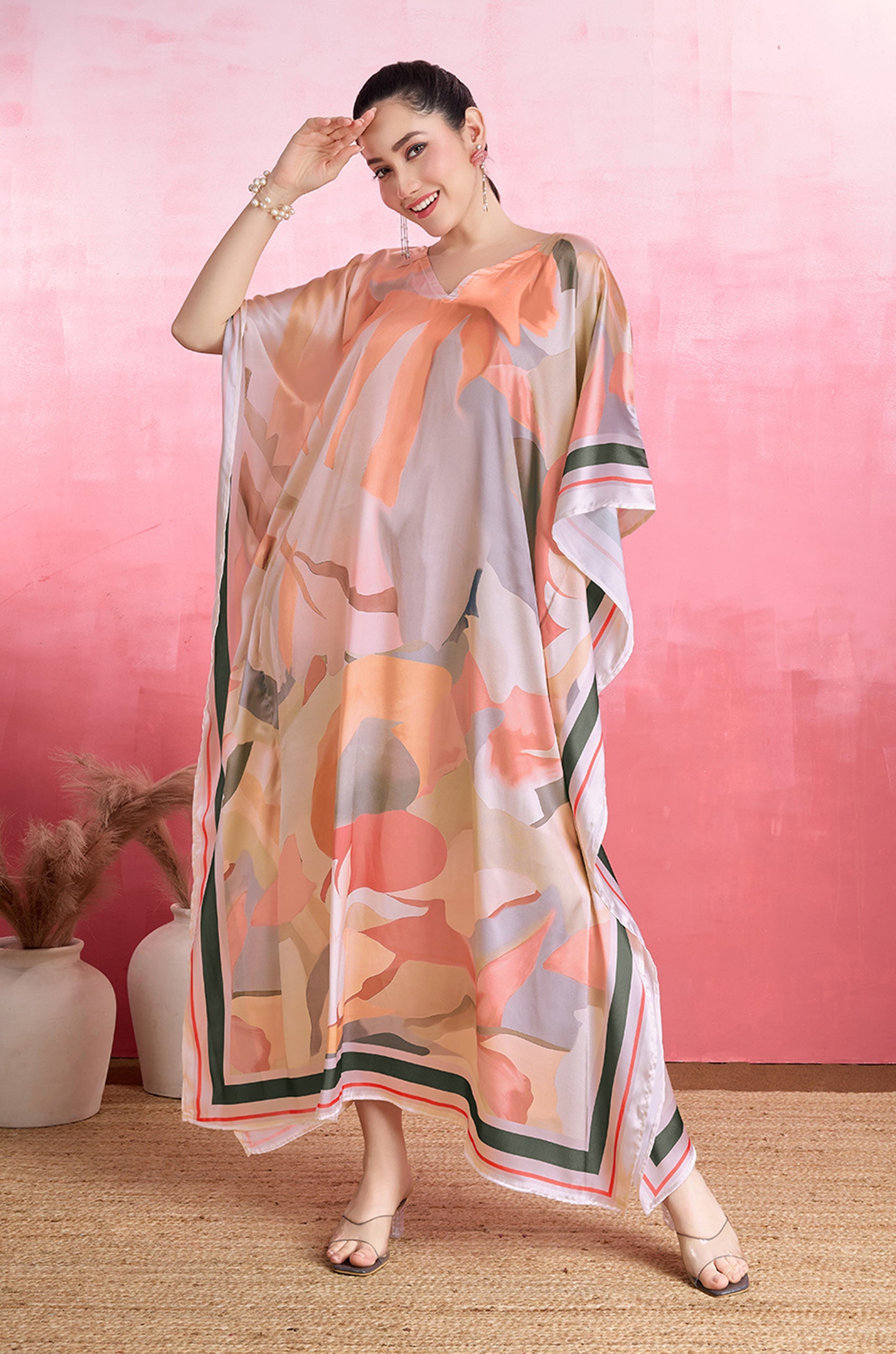 Blush Petals Soft Satin Kaftan