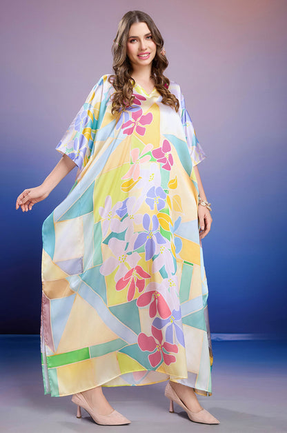 Lemon Blossom Soft Satin Kaftan with Digital Print