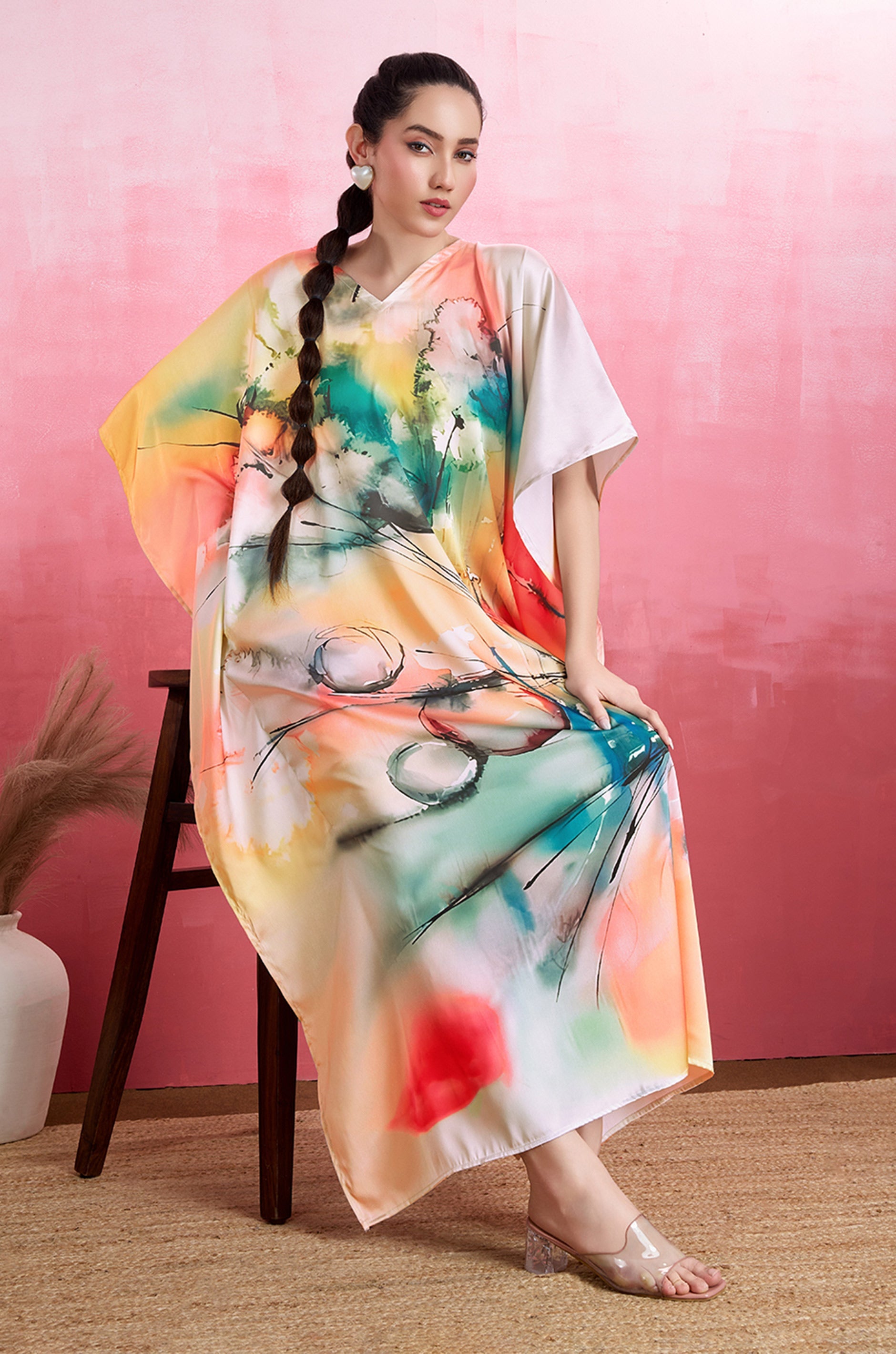 Floral Fantasy Soft Satin Kaftan