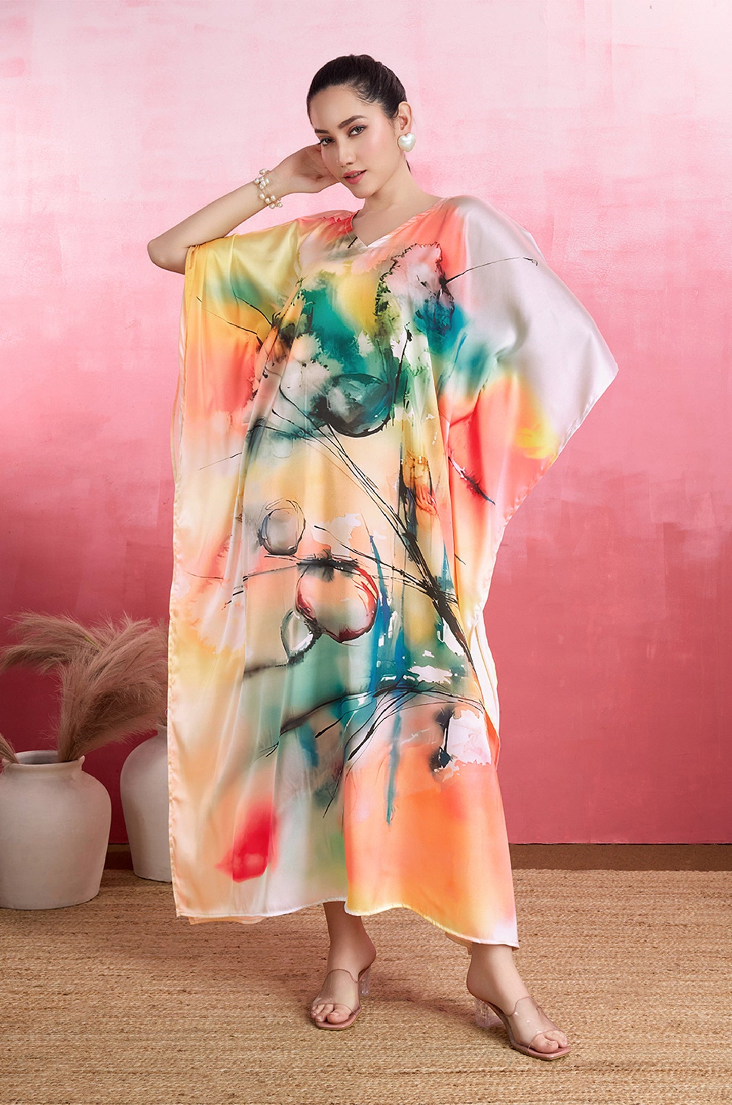 Floral Fantasy Soft Satin Kaftan