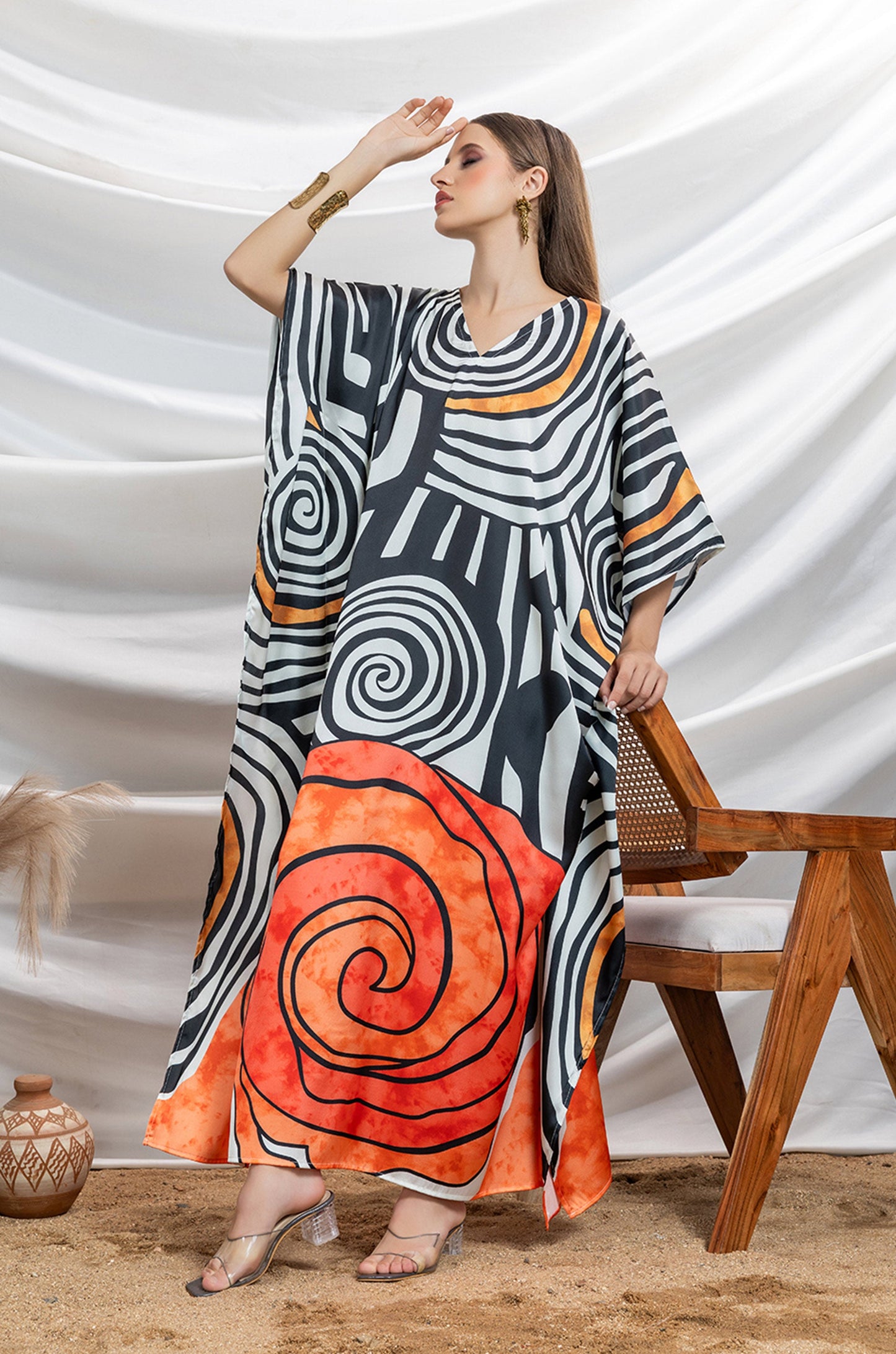 Monochrome Twist Soft Satin Women Dress Kaftan