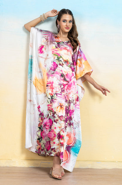 Rosette Bloom Soft Satin Women Dress Kaftan