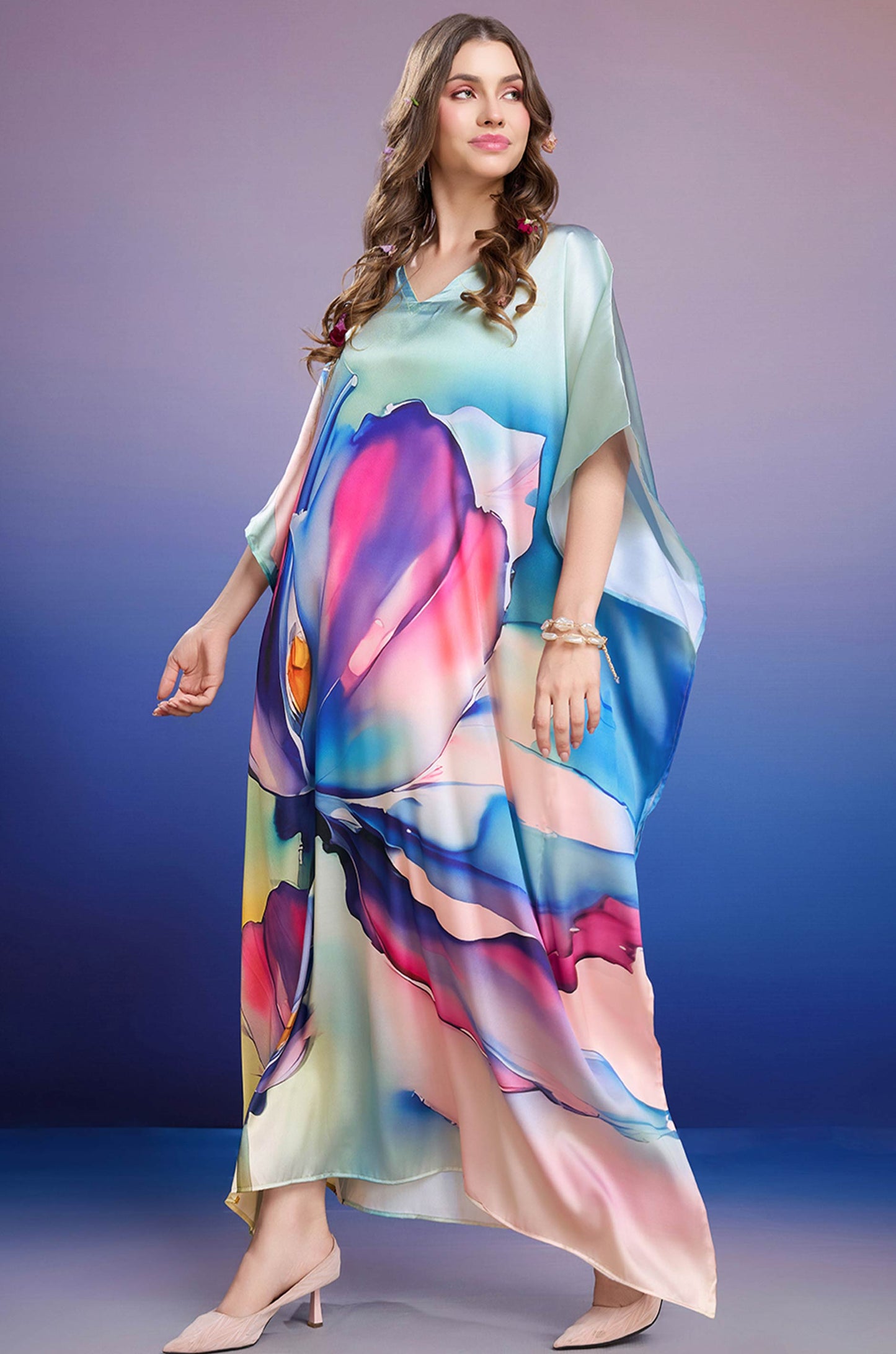 Blue Petal Grace Soft Satin Kaftan with Digital Print