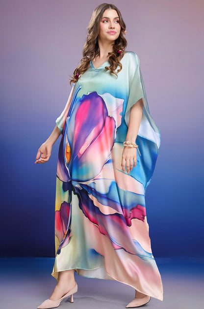 Blue Petal Grace Soft Satin Kaftan with Digital Print
