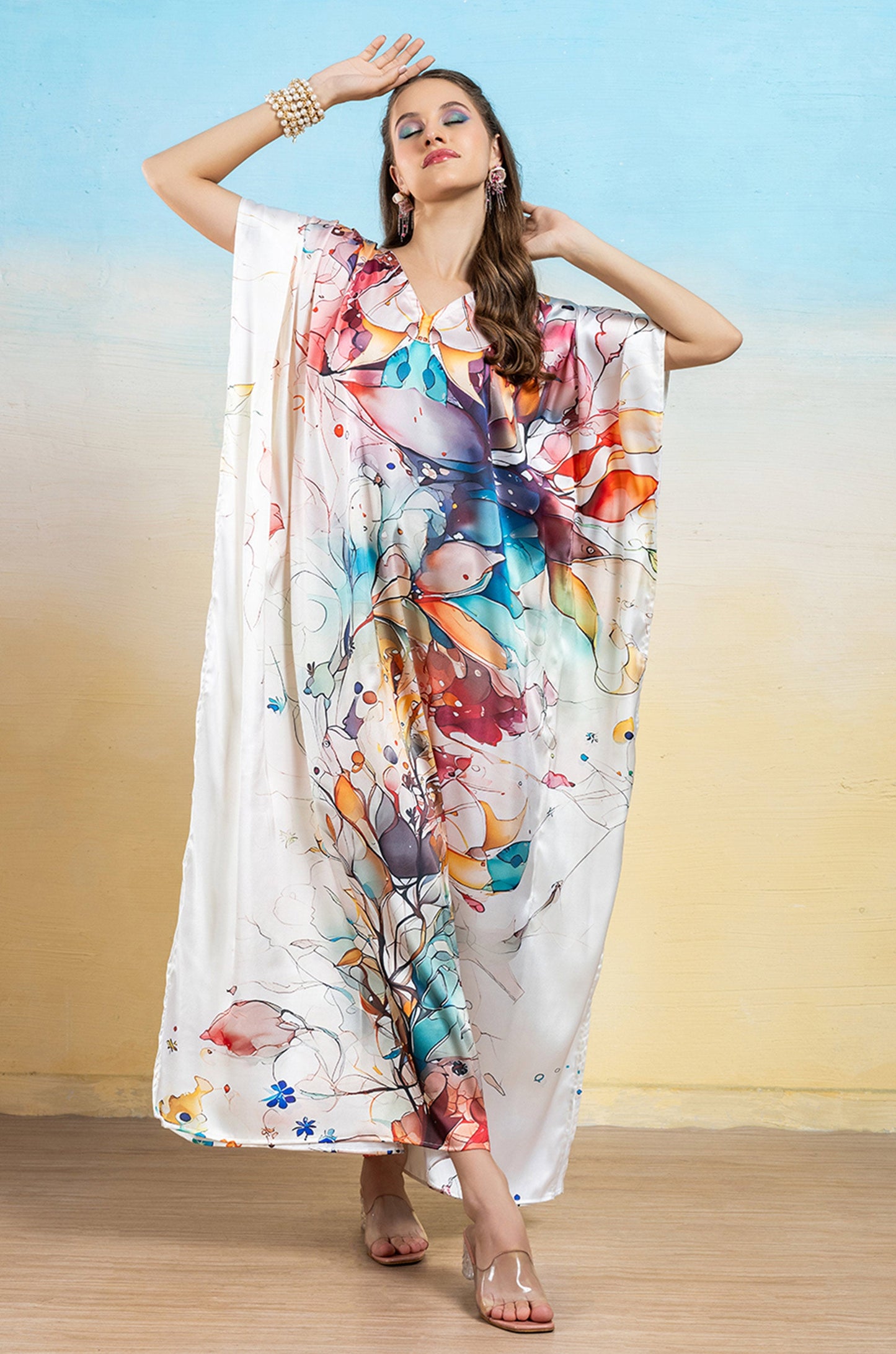 Enchanted Meadow Soft Satin Women Dress Kaftan