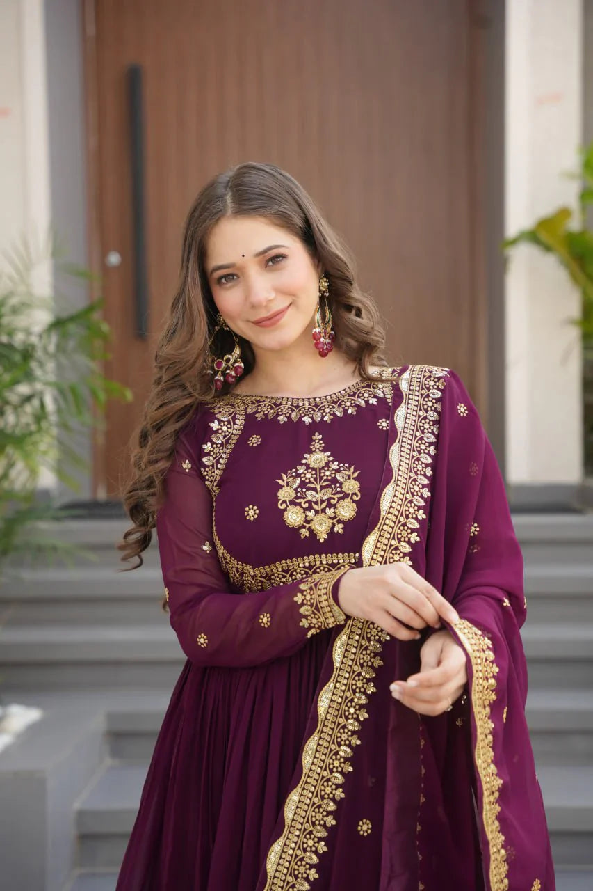 Designer Heavy Work Wine Color Gown