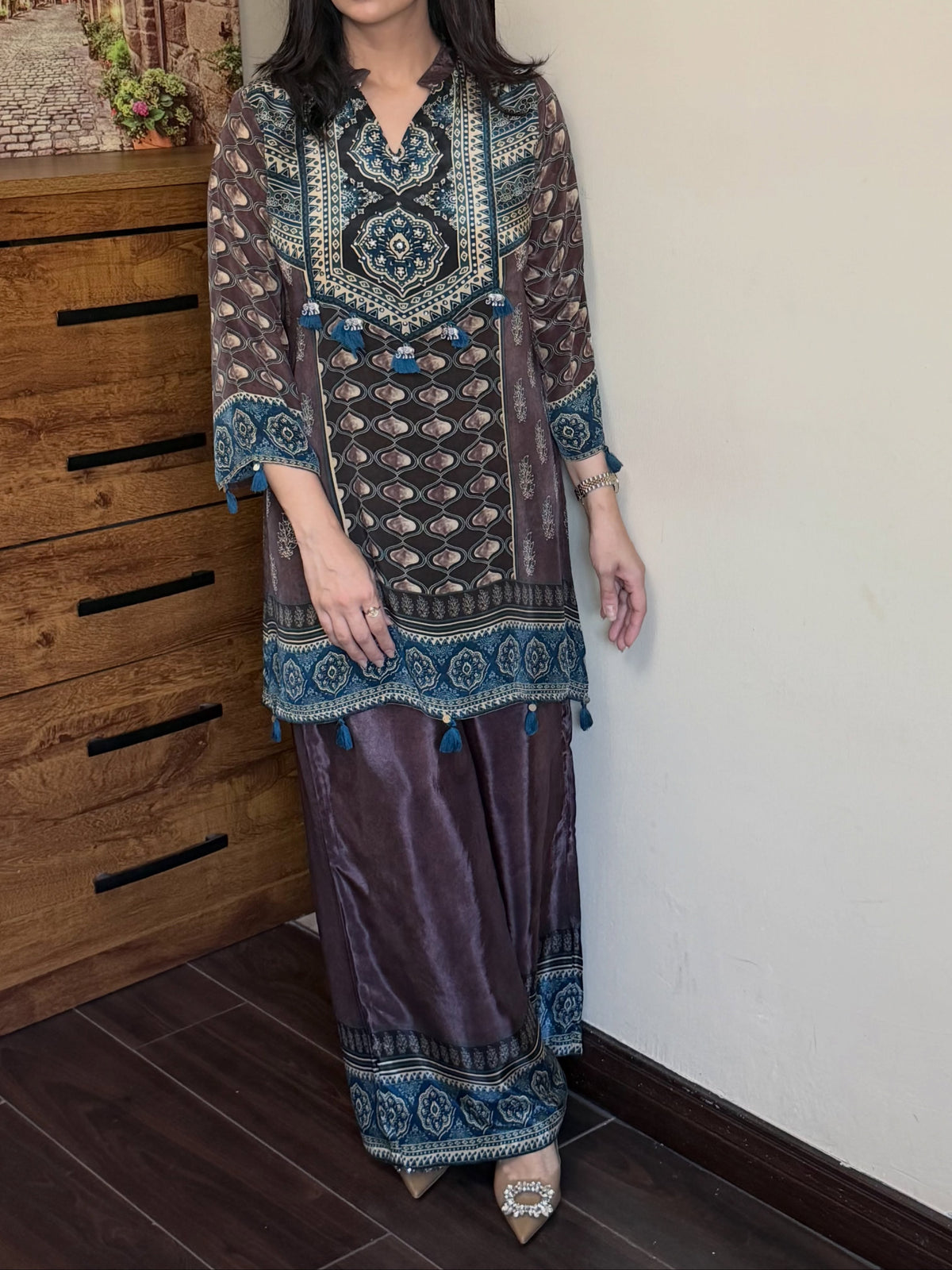 Brown Crepe Digital Print Cord Set