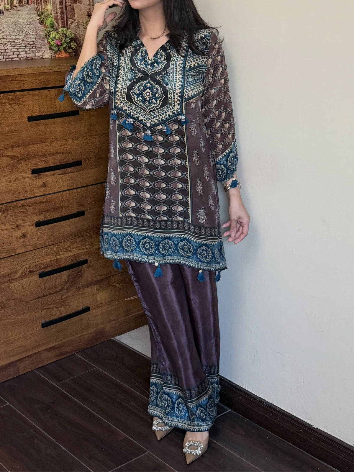 Brown Crepe Digital Print Cord Set