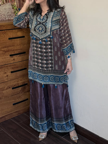 Brown Crepe Digital Print Cord Set