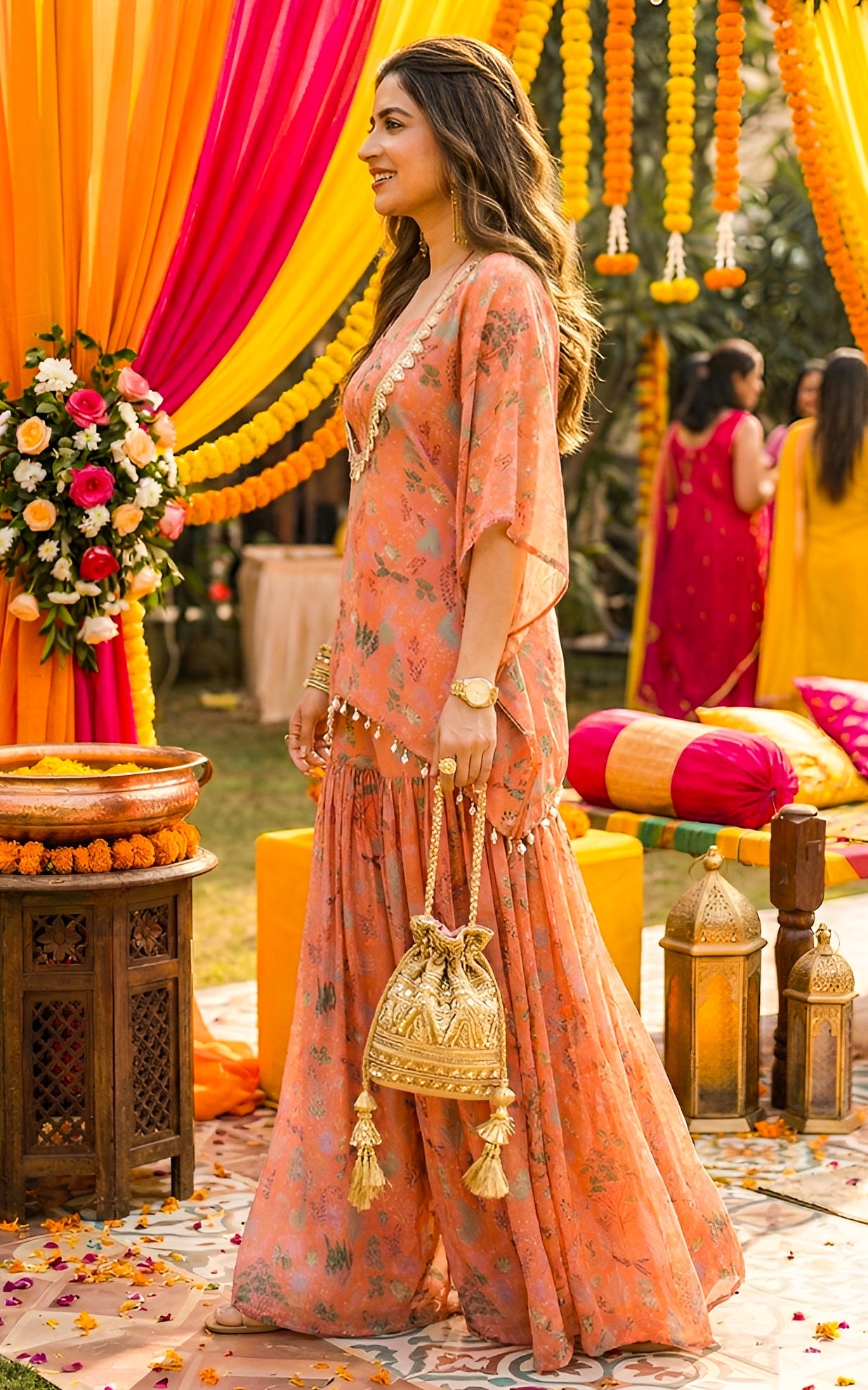 Orange Aquatic Kaftan Crop Top Sharara Set