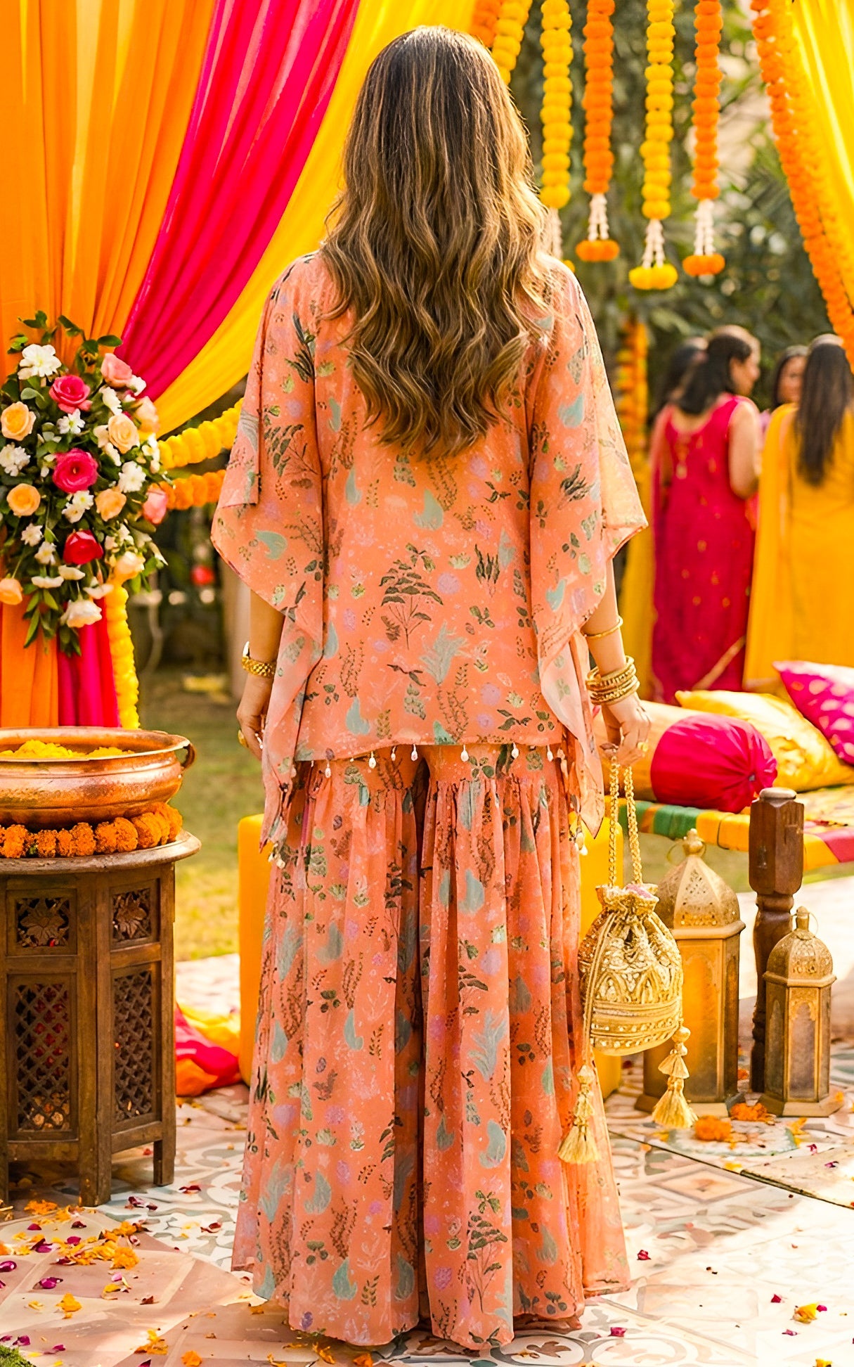 Orange Aquatic Kaftan Crop Top Sharara Set
