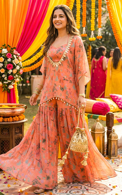 Orange Aquatic Kaftan Crop Top Sharara Set