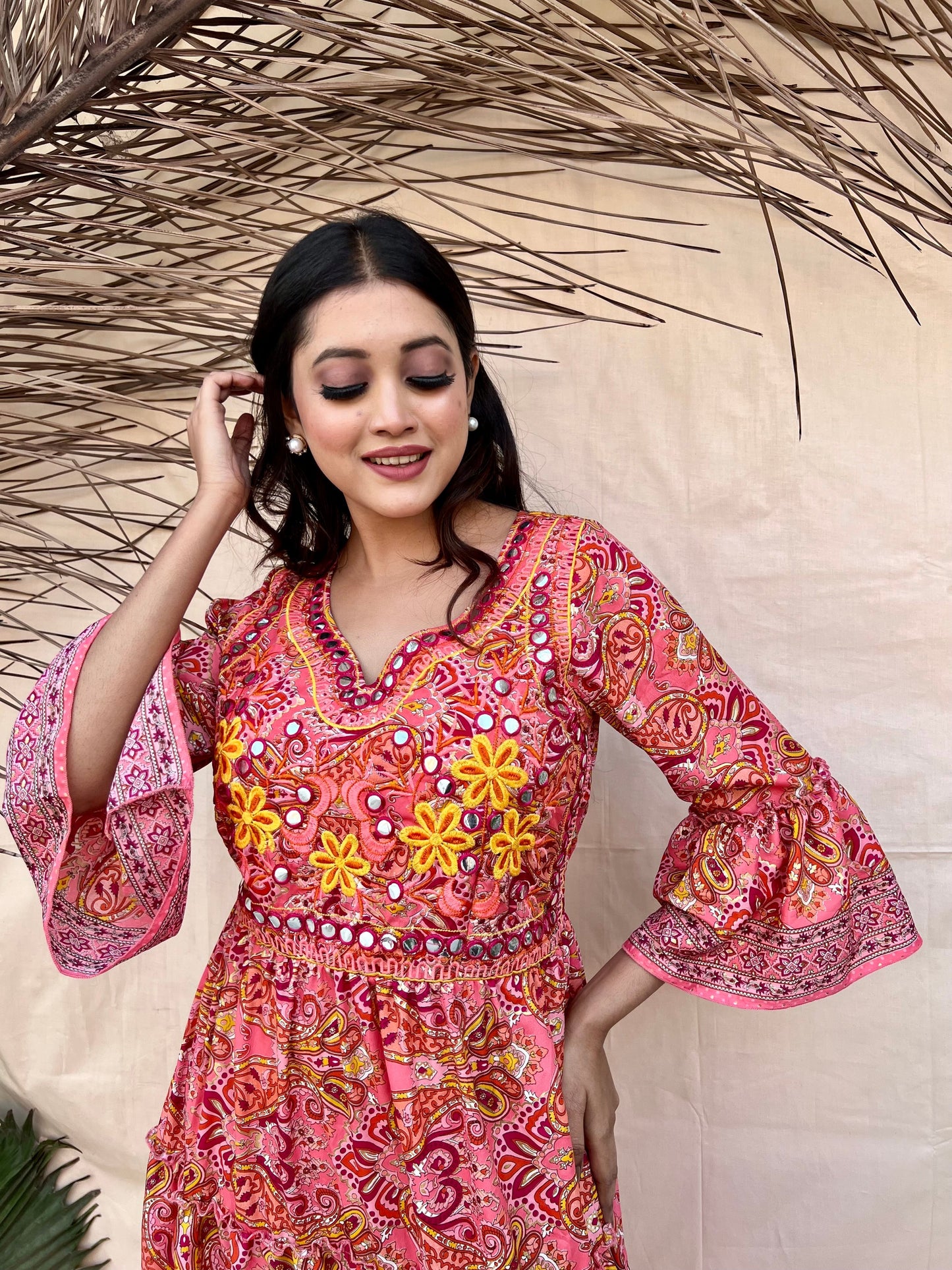 Peach Embroidered Boho Maxi Dress