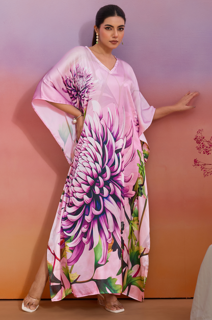 Coral Mist Soft Satin Women Kaftan Dress with Digital Print