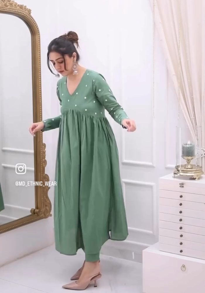 Olive Embroidered Nyra Cut Cotton Kurta Pant Set