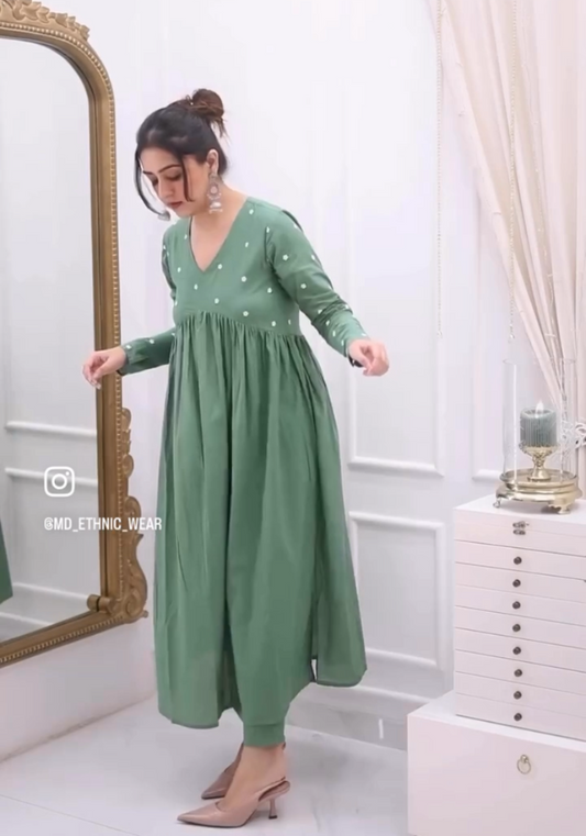 Olive Embroidered Nyra Cut Cotton Kurta Pant Set
