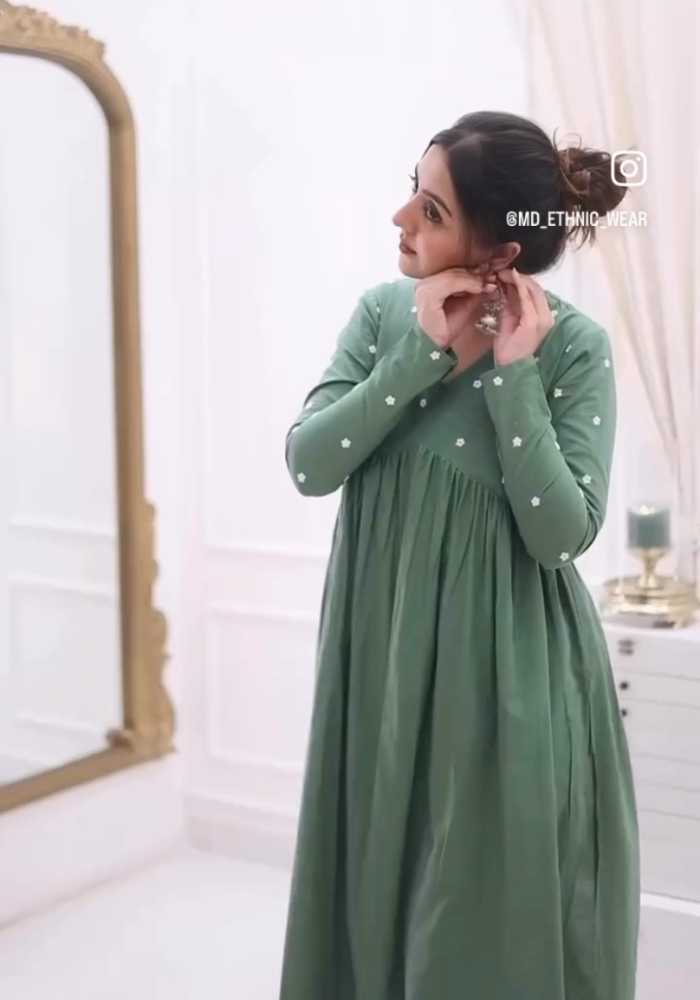 Olive Embroidered Nyra Cut Cotton Kurta Pant Set