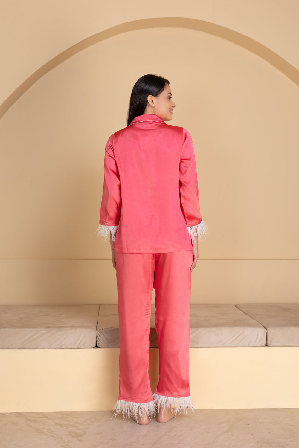 Satin Night Suit Set With Feather