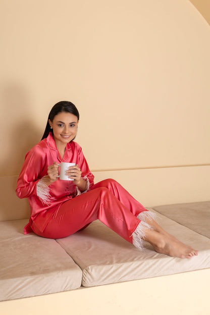 Satin Night Suit Set With Feather