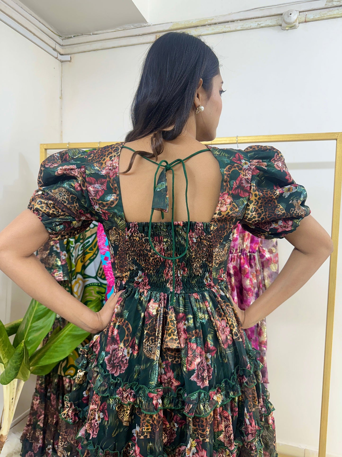 Green Tiger Printed Jacquard Fabric Short Dress