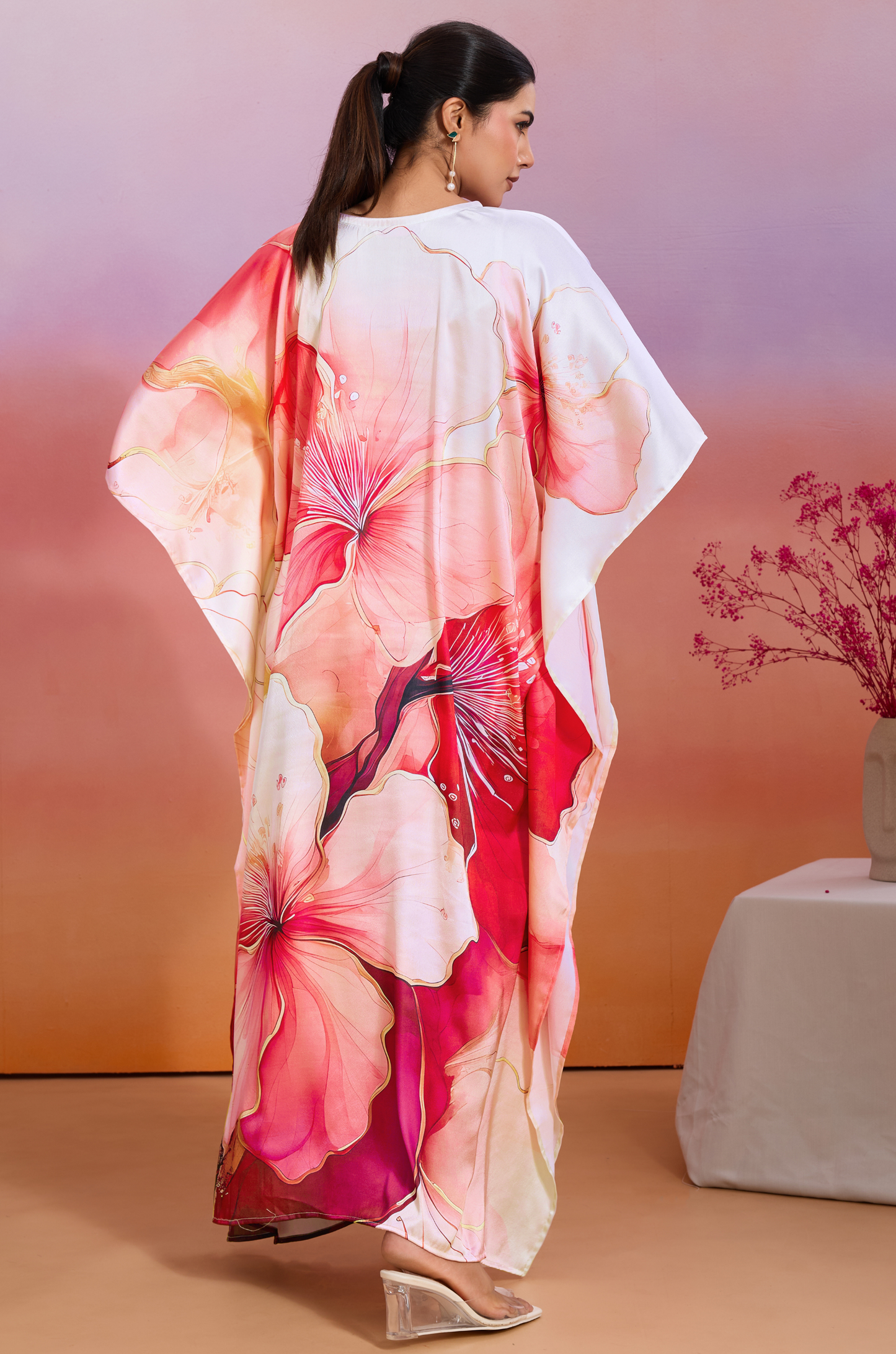 Aloha Bloom Soft Satin Women Kaftan Dress with Digital Print