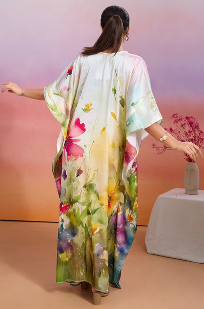 Bright Garland Soft Satin Women Kaftan Dress with Digital Print