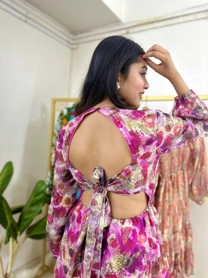 Pink Floral Printed Backless Short Dress