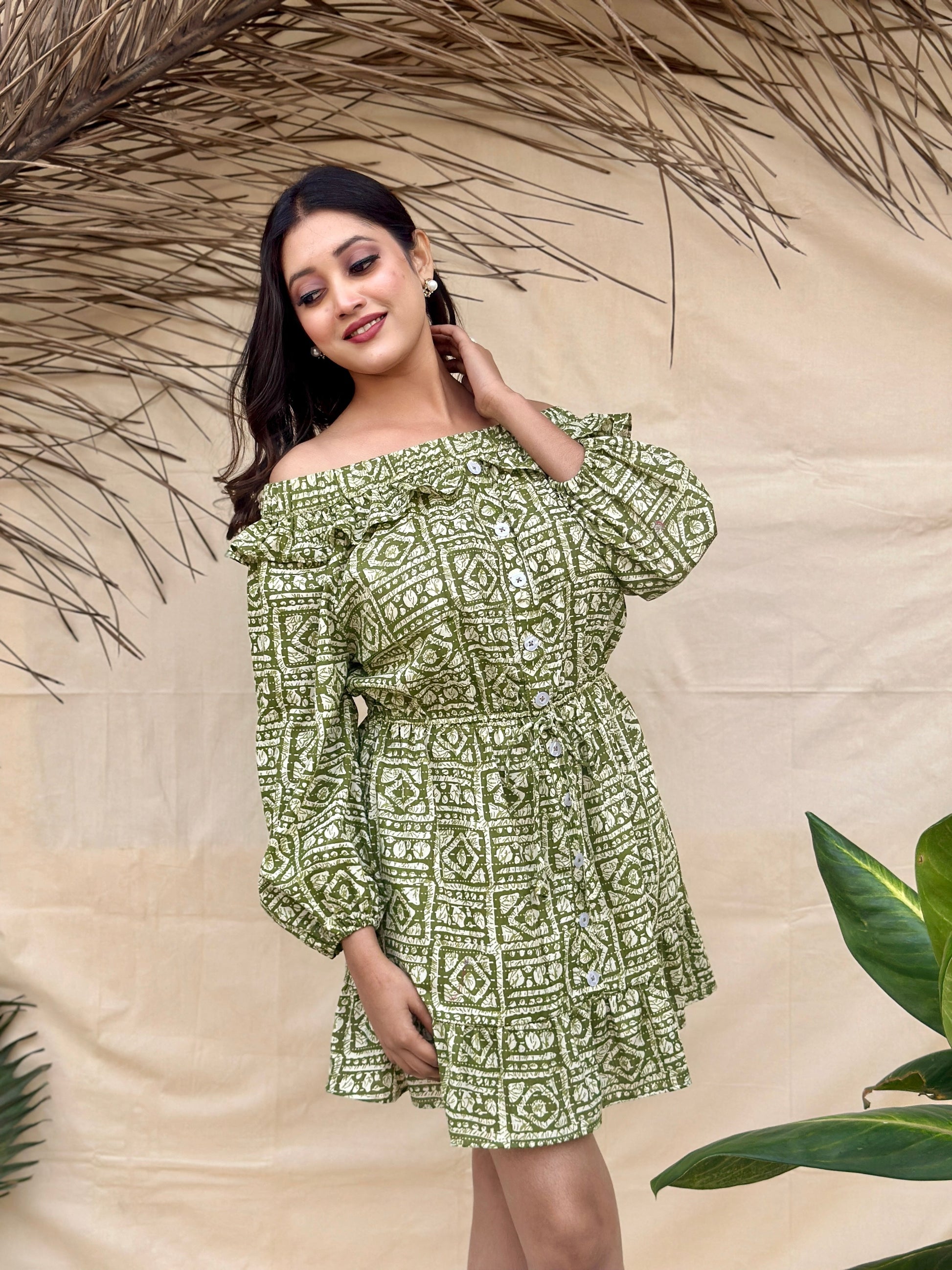 Off shoulder Green Short Cotton Dress