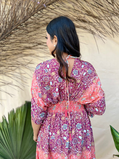 Balloon Sleeves Two Shade Boho Maxi Dress