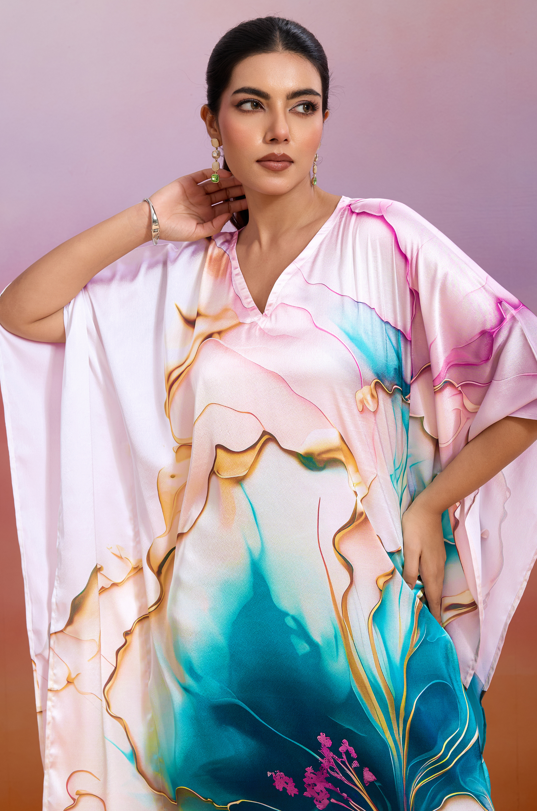 Ocean Tide Soft Satin Women Kaftan Dress with Digital Print