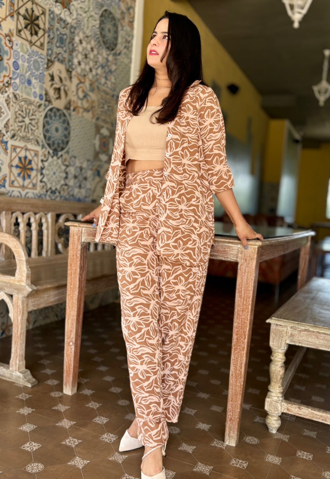 Printed Beige Cord Set