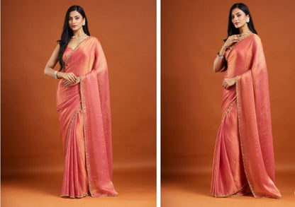 Soft Jimmy Choo Fandy Silk Saree With Hand Work Lace Boarder