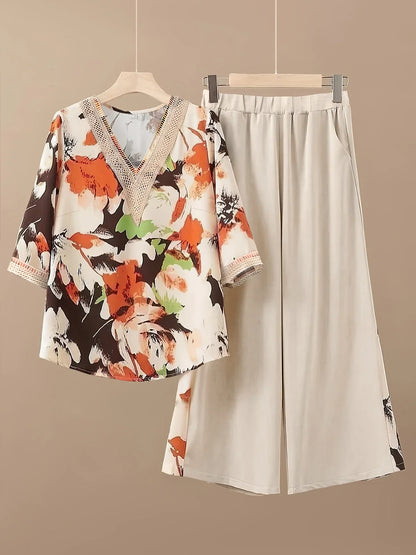 FloraCharm Set – Contrast Lace & Printed Two-Piece Ensemble