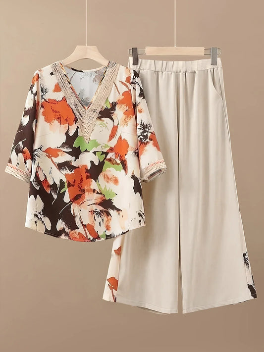 FloraCharm Set – Contrast Lace & Printed Two-Piece Ensemble